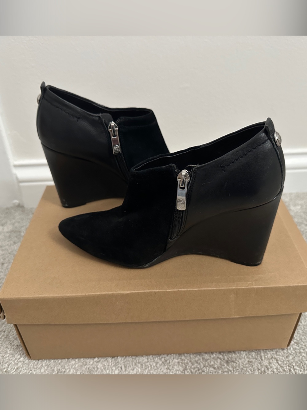 Vince Camuto Black Suede & Leather Wedge Ankle Booties